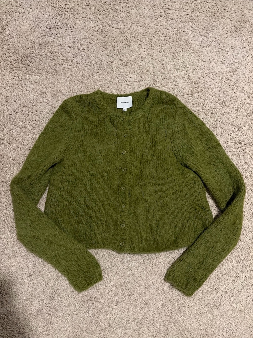Reformation Clara Crew Cardigan Sweater Size Small Alpaca Wool Blend Green